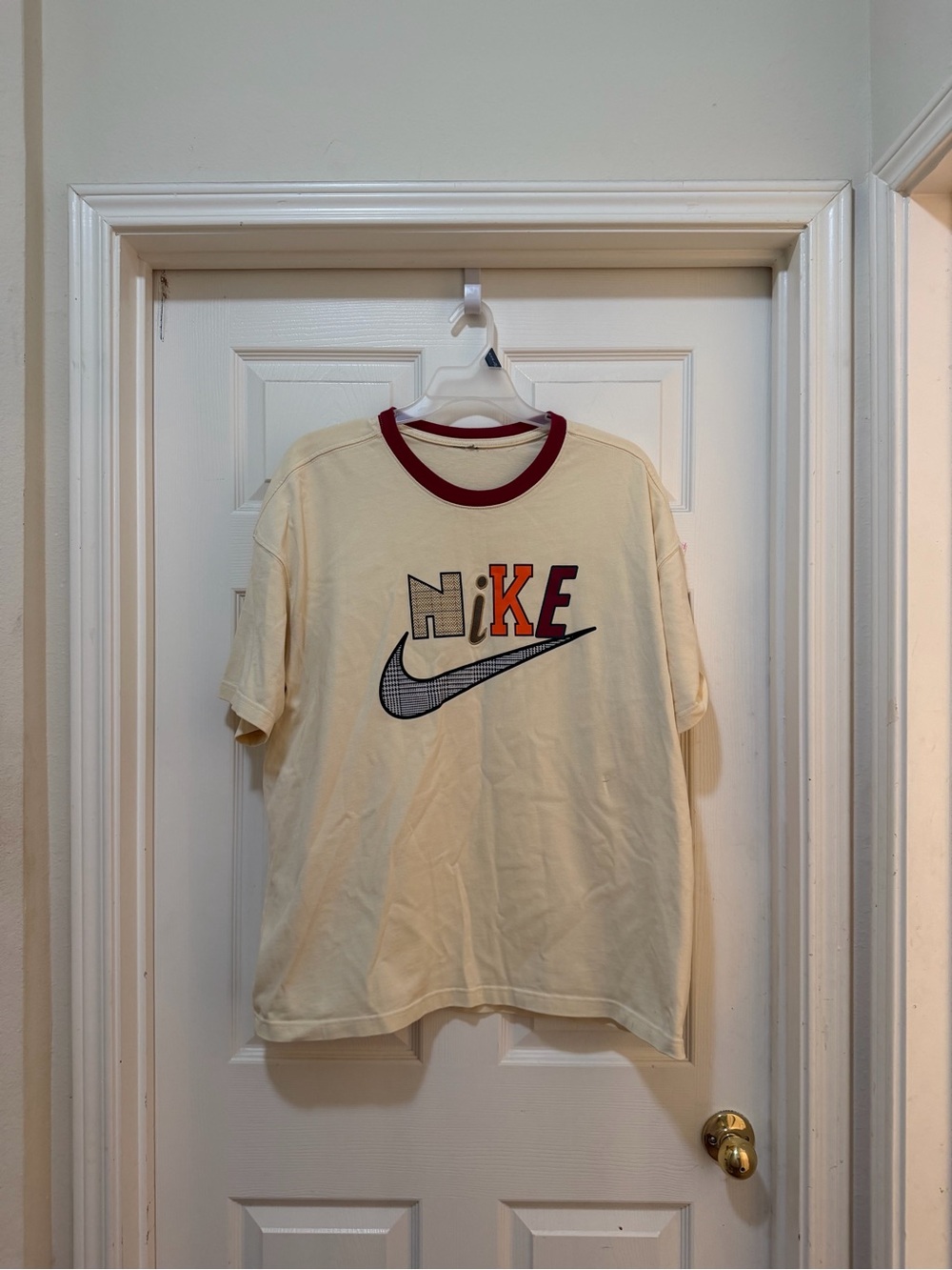 Nike Cream Short Sleeve Graphic Logo Tee with Burgundy Trim